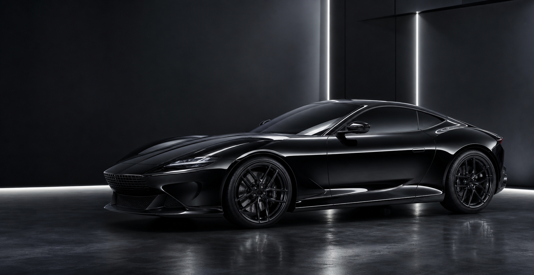 Black performance vehicle in a premium studio
