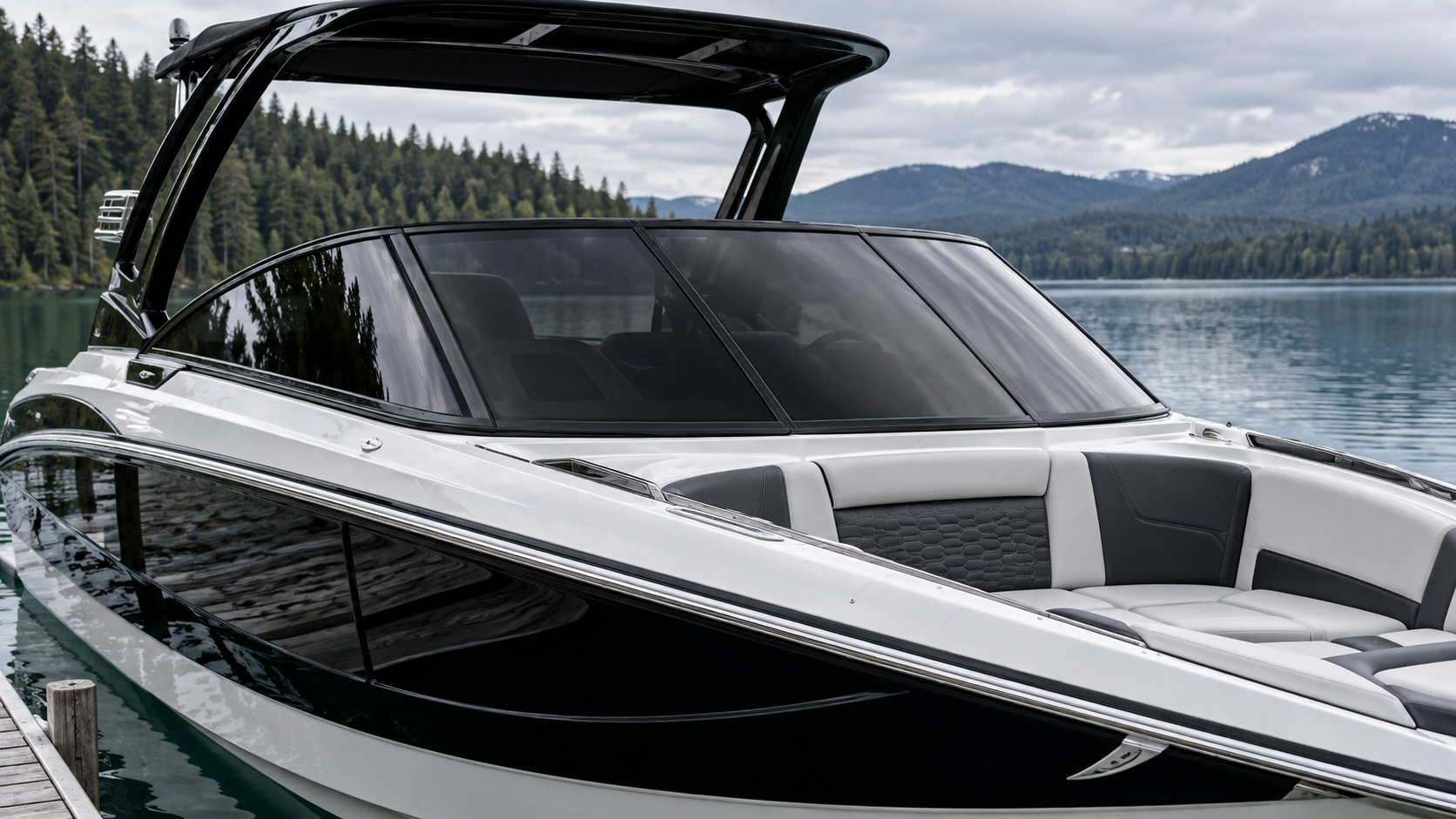 Modern sport boat with a dark tinted windshield