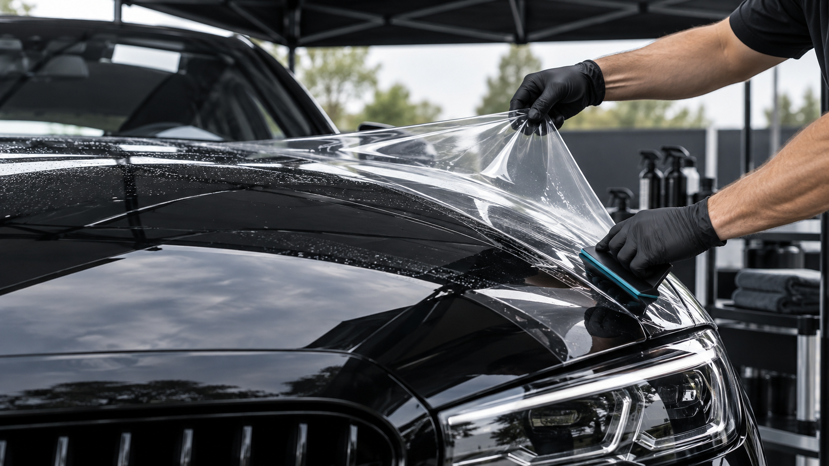 Transparent Paint Protection Film being installed on a black vehicle